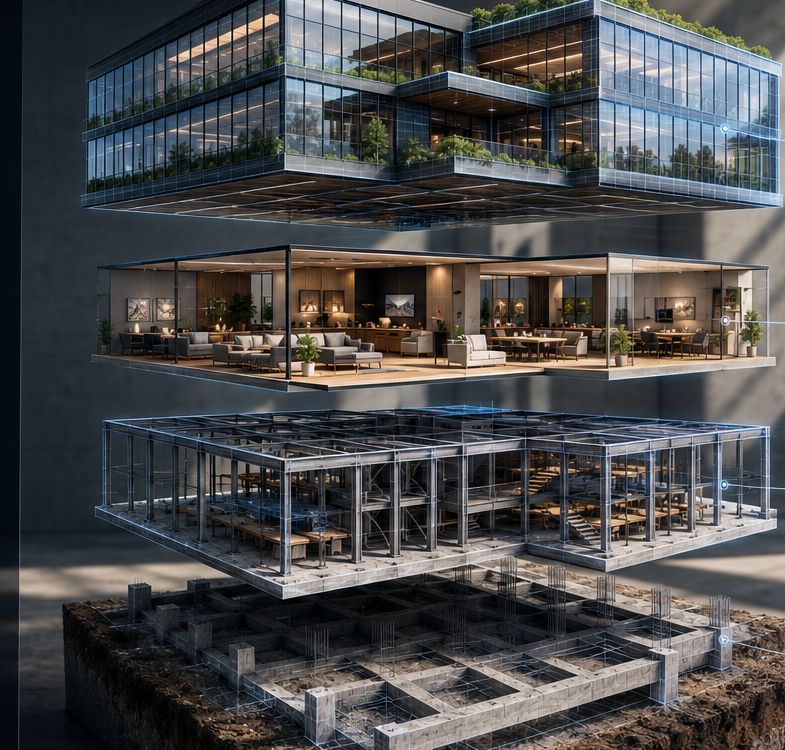 Exploded architectural building showing foundations, structural framing, luxury interior, and sustainable glass exterior